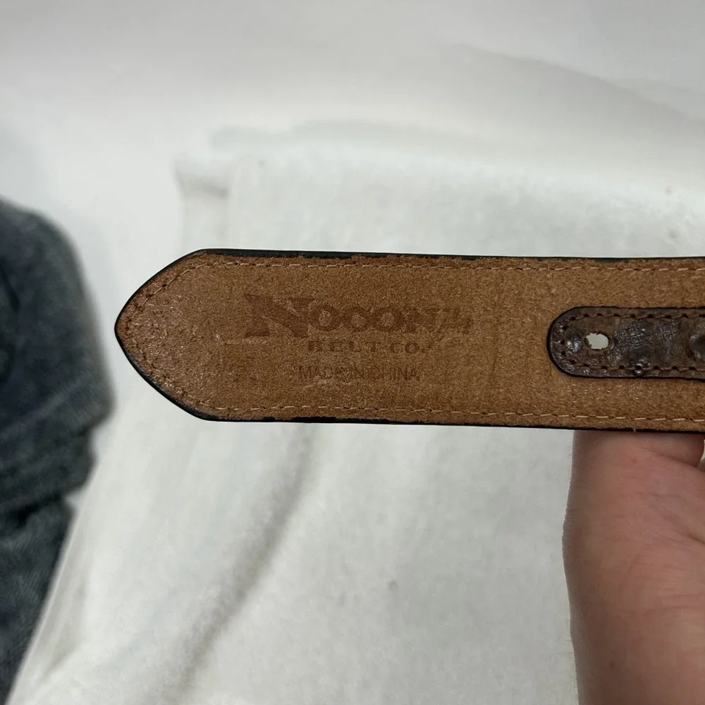 Nocona Mens Size 32 Brown Ostrich Print Embroidered Leather Belt